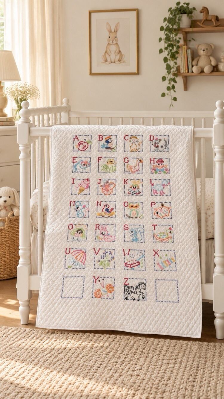 VTG Alphabet Block Grannycore Infant Baby Handmade Crib Quilt 34.5 X 54.5”